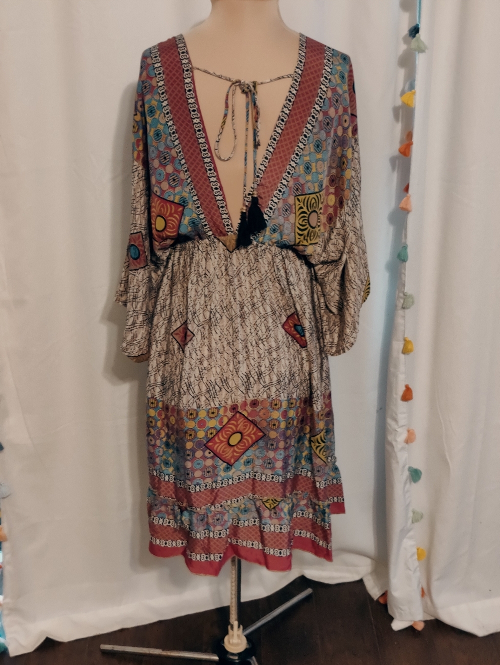 LUZ tribal Silk Kimono Dress deep V bold colors & print Resort Mini S - Picture 4 of 10